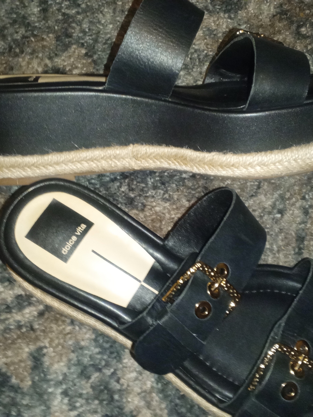 Dolce Vita Black Platform Slide Sandals with Gold Chain Accent